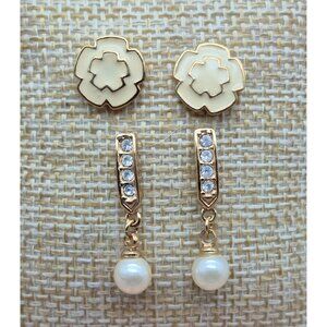 Lot of 2 Dainty Earrings MONET Cream Stud Flowers & Oman Drop Pearl & Rhinestone